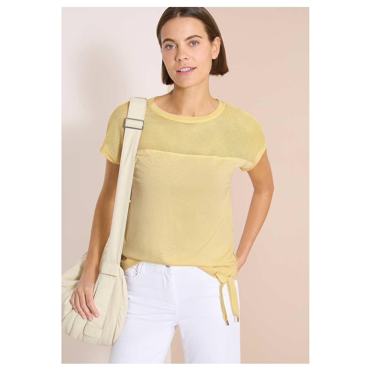 Damen T-Shirt Mesh Insert von Cecil in Gelb, Vorderansicht am Model