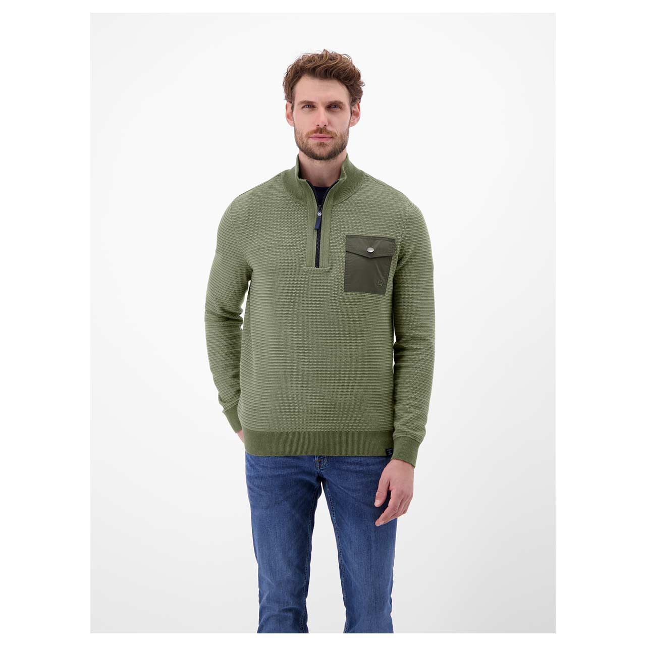 Herren Pullover Troyer von Lerros in Dunkelgrün meliert, Vorderansicht am Model