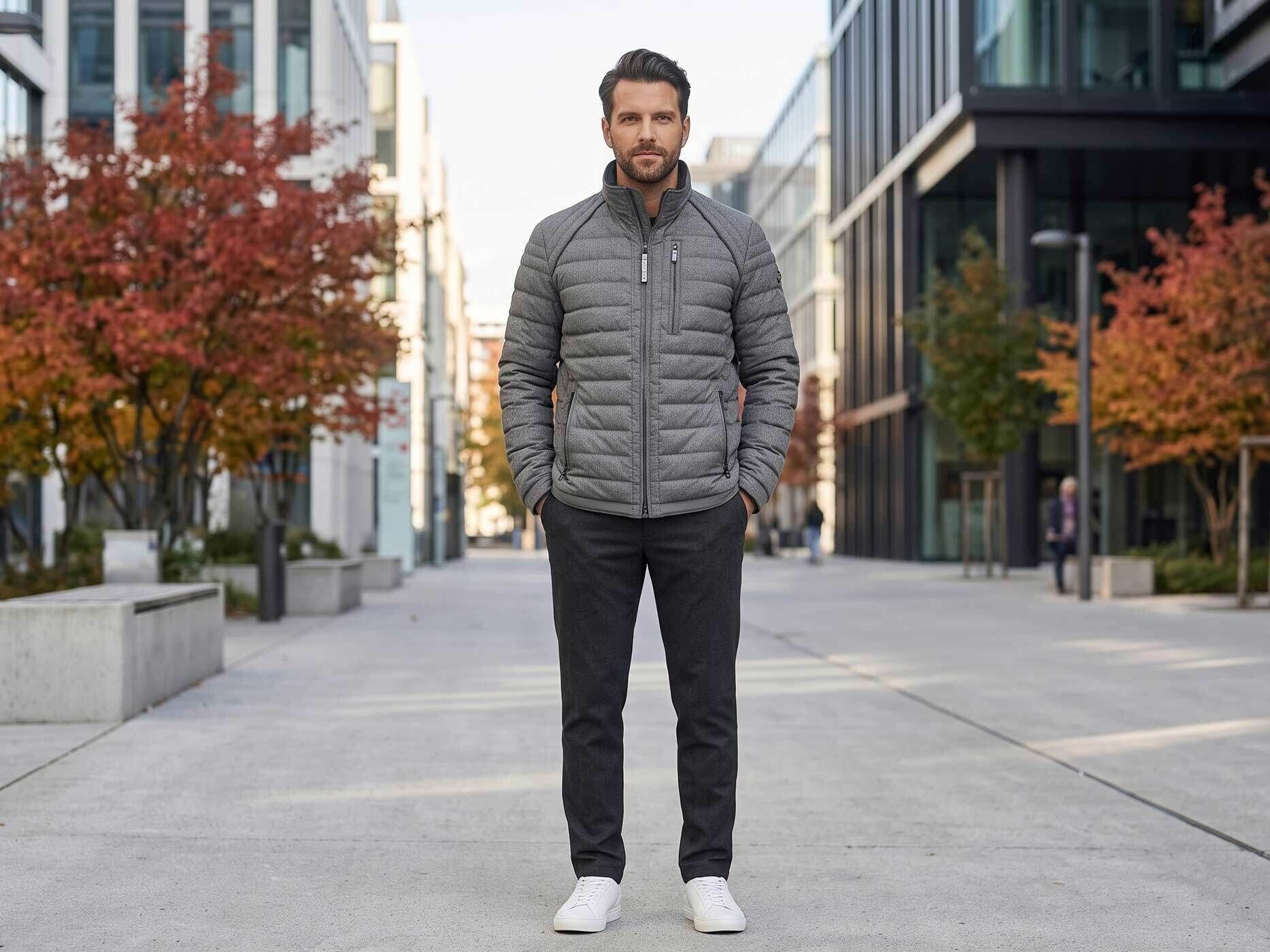 Ein Mann mit kurzen brauen Haaren steht auf einem Weg. Er tr&auml;gt eine graue gesteppte Jacke, eine dunkelgraue Hose und wei&szlig;e Sneaker.