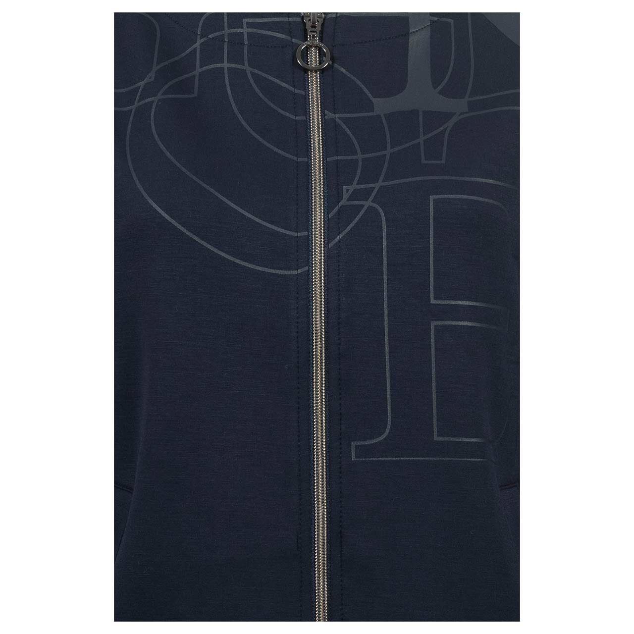 Damen Sweatjacke von Soquesto in Dunkelblau mit Print, Detailansicht Zipper
