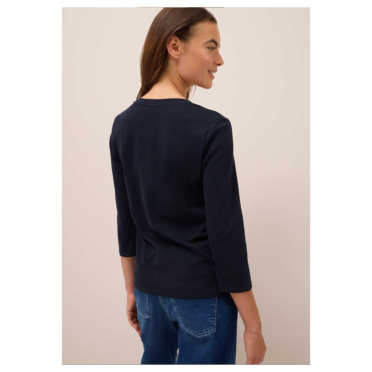 Damen 3/4 Arm Shirt Basic V-Neck von Cecil in Dunkelblau, Rückansicht am Model