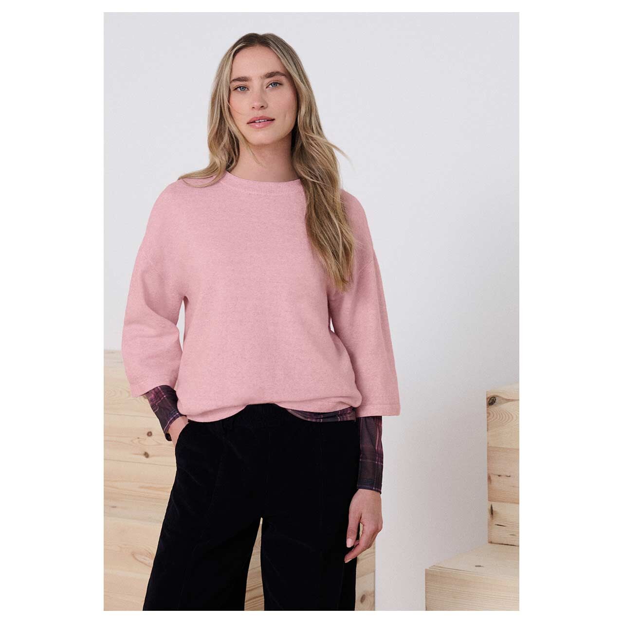 Damen 3/4 Arm Pullover Basic Sweater von Street One in Rosa meliert, Vorderansicht am Model