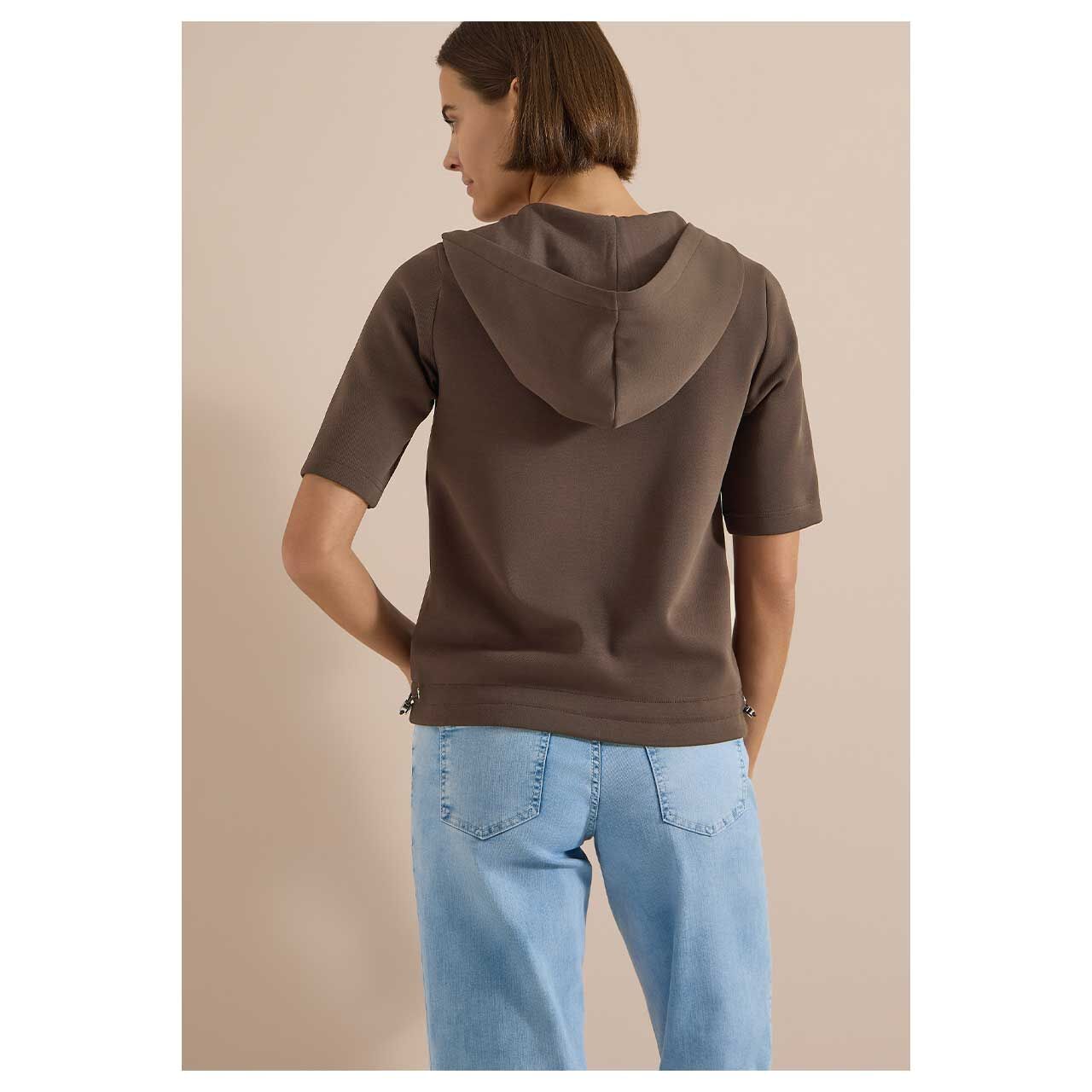 Damen Kurzarm Hoodie Shirtjacke Solid von Cecil in Dunkelbraun, Rückansicht am Model