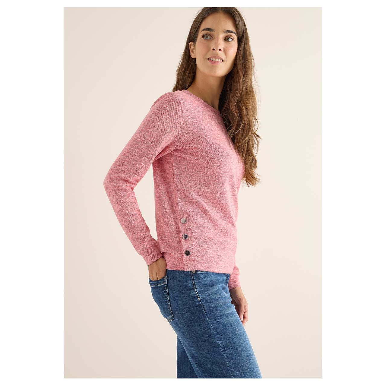Damen Pullover Rib Button von Cecil in Rot meliert, Seitenansicht am Model