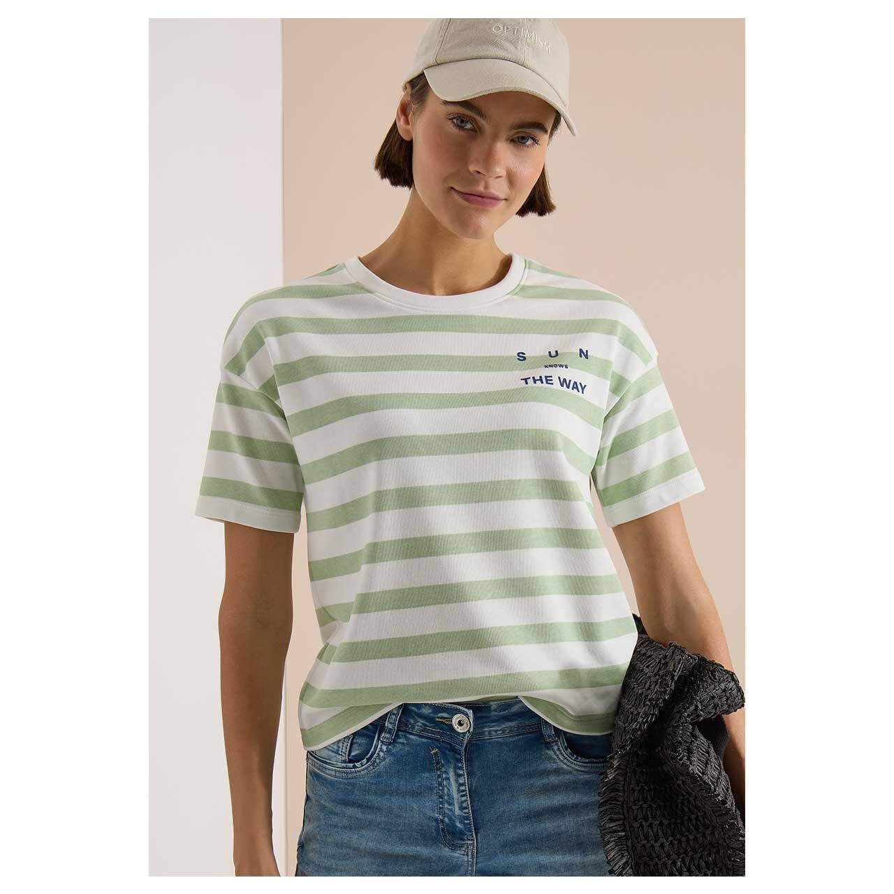 Damen T-Shirt Striped Chest Print von Cecil in Hellgrün gestreift, Detailansicht von vorne am Model