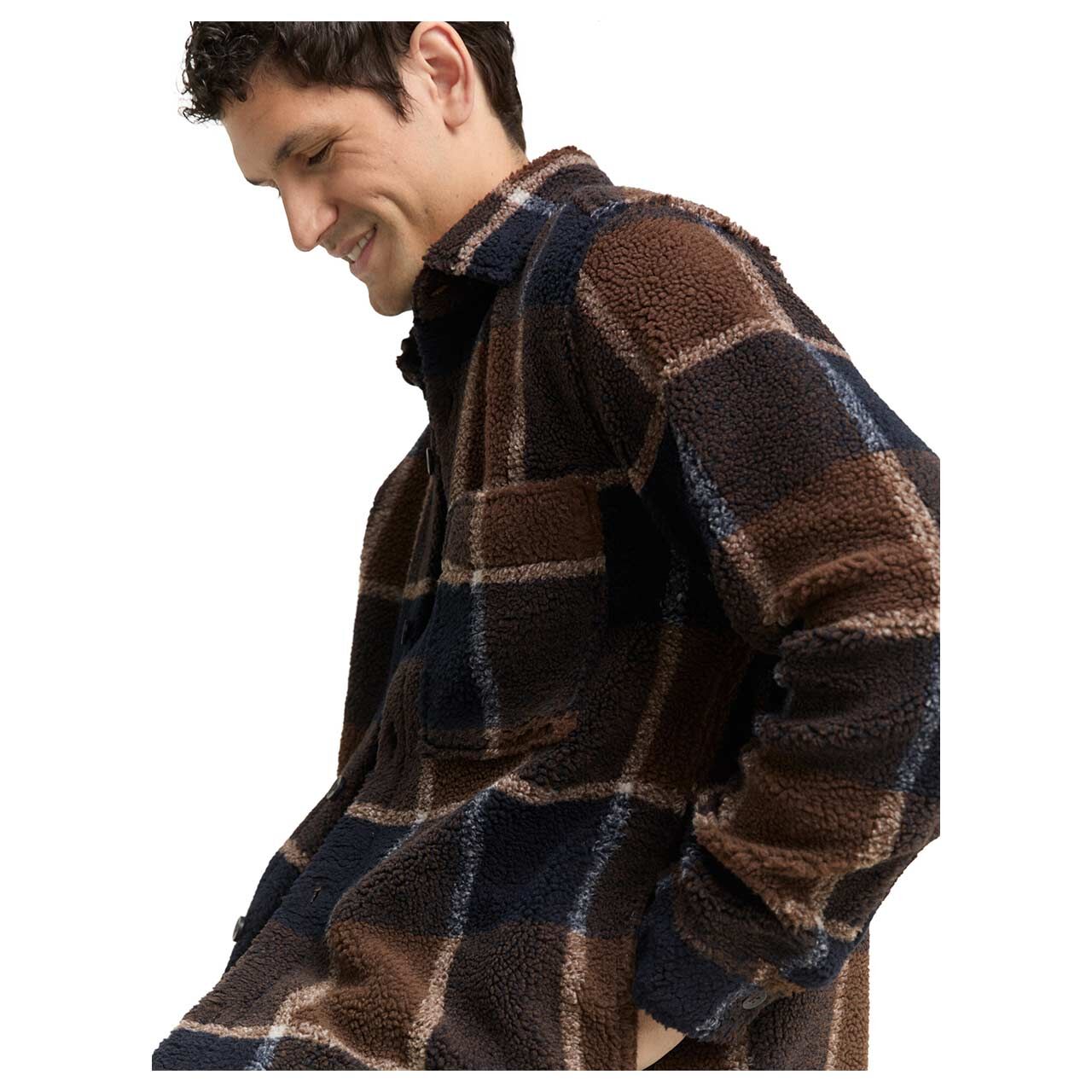 Herren Teddyjacke von Tom Tailor in Dunkelbraun kariert, Detailansicht am Model