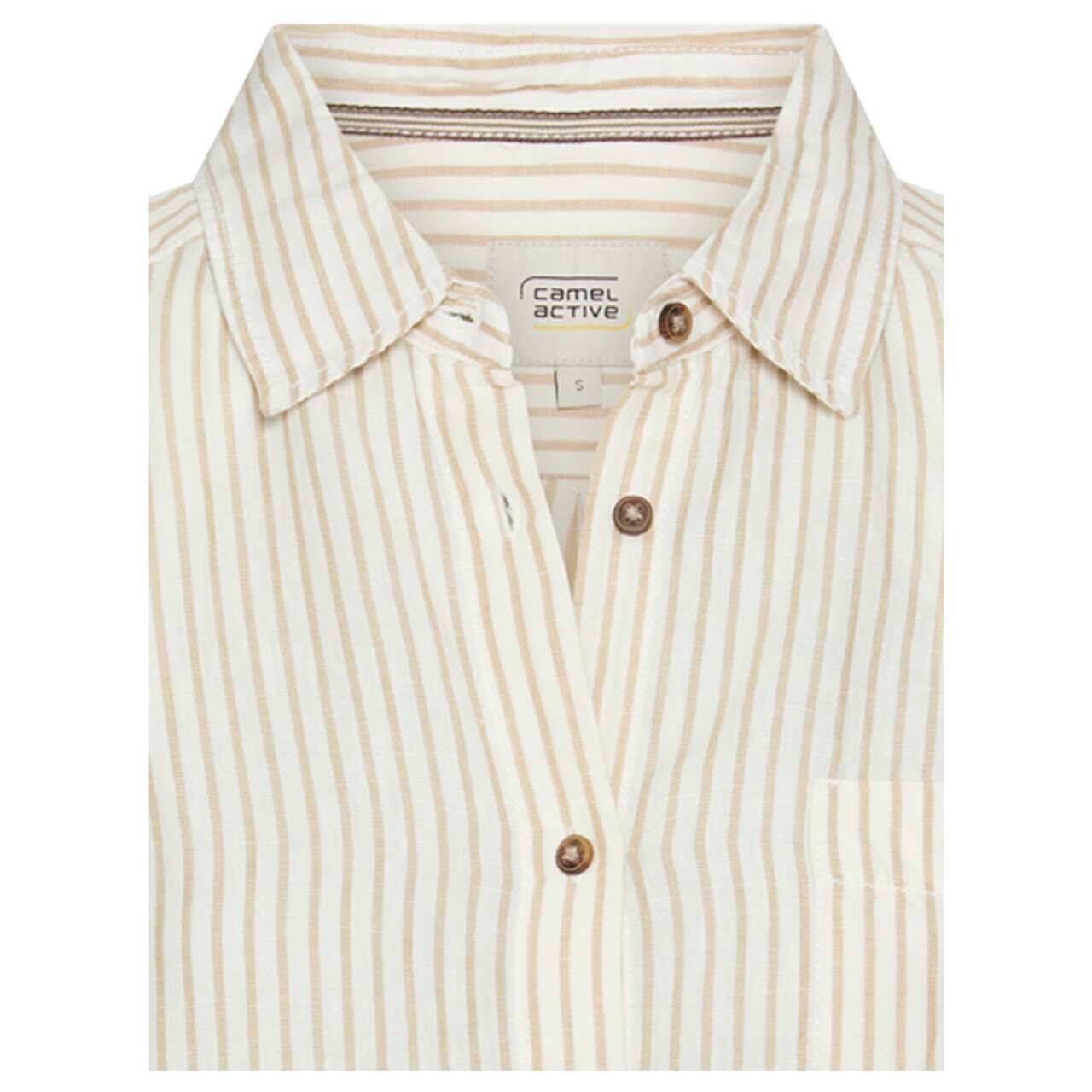 Damen Langarm Bluse von Camel active in Beige gestreift, detaillierte Vorderansicht