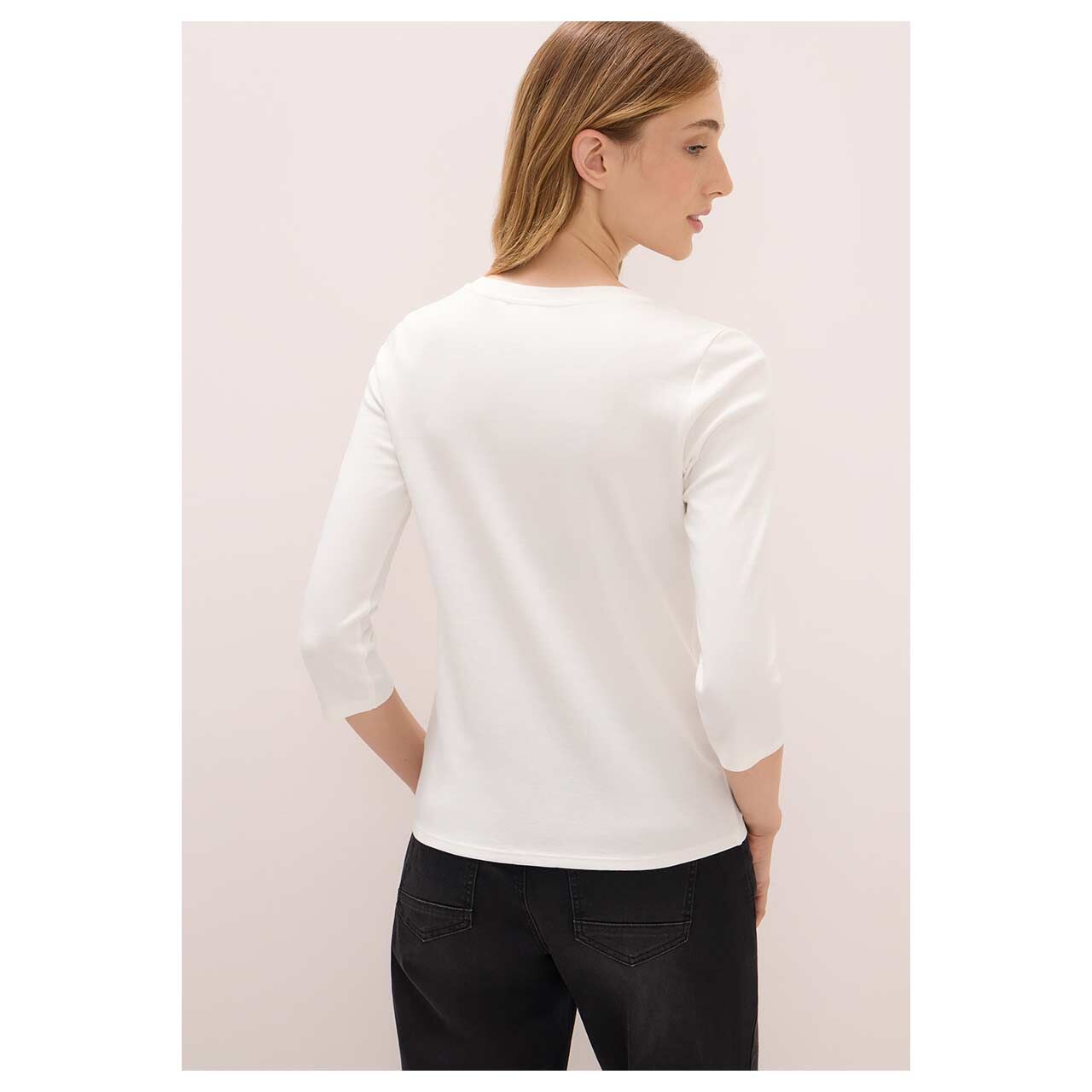 Damen 3/4 Arm Shirt Basic V-Neck von Cecil in Cremeweiß, Rückansicht am Model