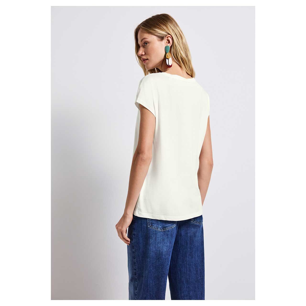 Damen T-Shirt Basic Partprint von Street One in Cremeweiß, Rückenansicht am Modell