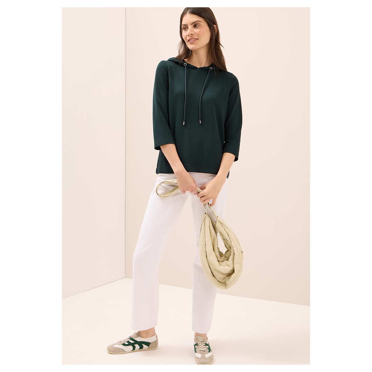 Damen 3/4 Arm Hoodie Sweatshirt Solid Rib von Cecil in Dunkelgrün, Ganzkörperansicht am Model