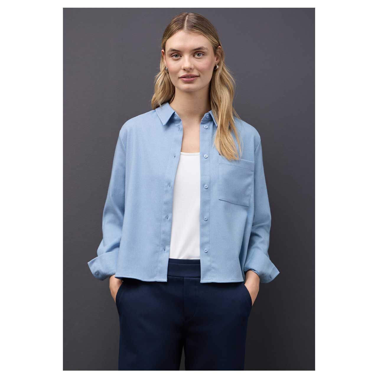 Damen Langarm Bluse Melange Shirtcollar von Street One in Hellblau meliert, Vorderansicht am Model