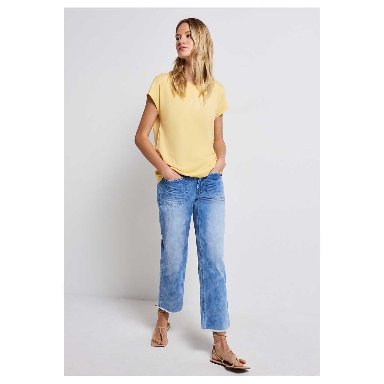 Damen T-Shirt Basic Partprint von Street One in Gelb, Ganzkörperansicht Outfit Modell