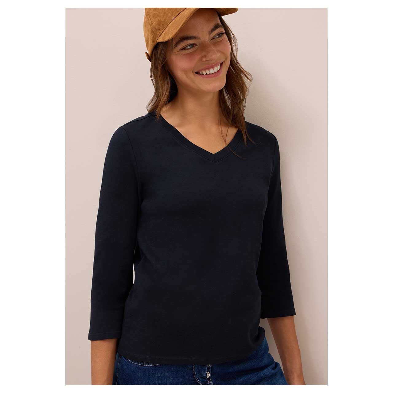 Damen 3/4 Arm Shirt Basic V-Neck von Cecil in Dunkelblau, Detailansicht Oberkörper am Model