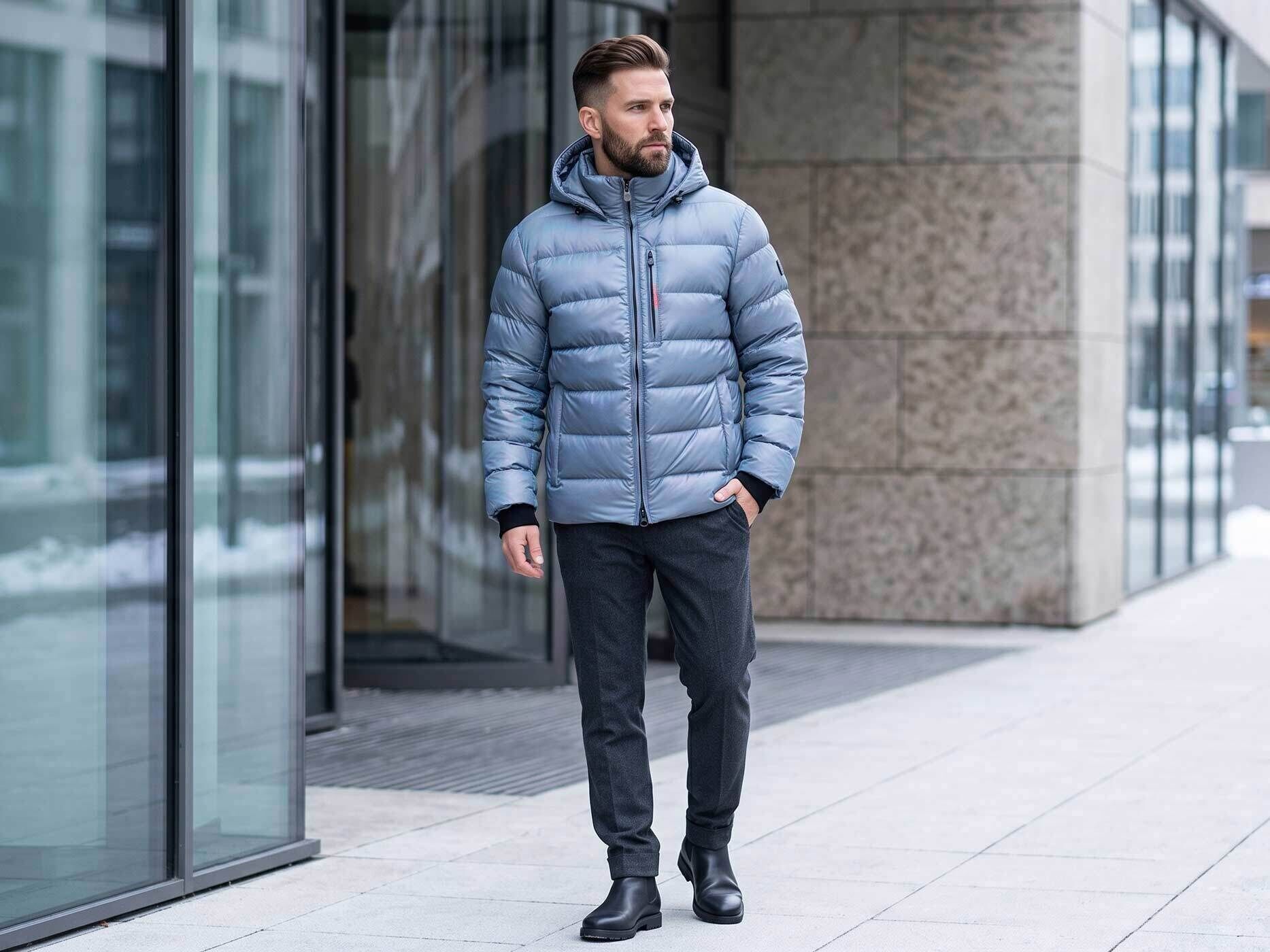 Ein Mann spaziert vor einem Geb&auml;ude. Er tr&auml;gt eine blaue Winterjacke kombiniert mit einer schwarzen Hose und dunklen Schuhen.