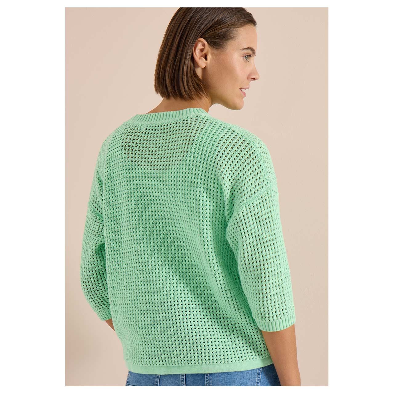 Damen 3/4 Arm Pullover Crochet V-Neck von Cecil in Grün, Rückansicht am Model