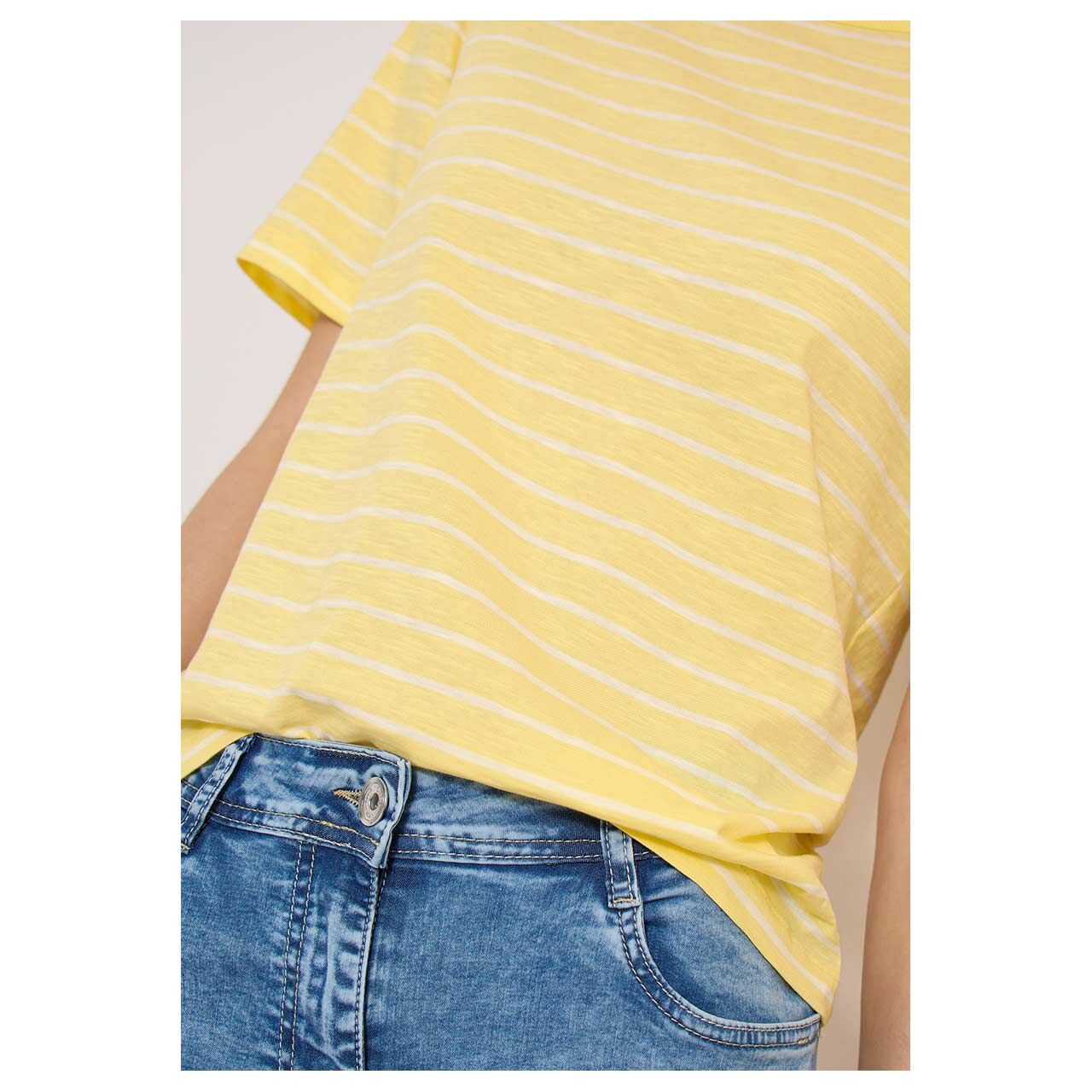 Damen T-Shirt Striped Slubyarn von Cecil in Gelb gestreift, Detailansicht am Model