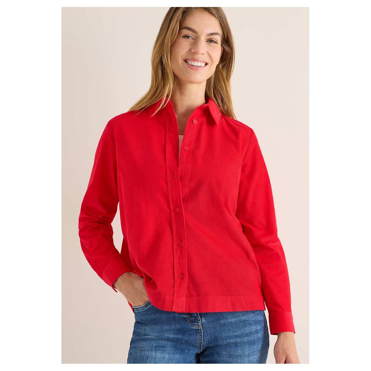 Damen Langarm Cord Bluse Solid Corduroy von Cecil in Rot, geschlossene Vorderansicht am Model
