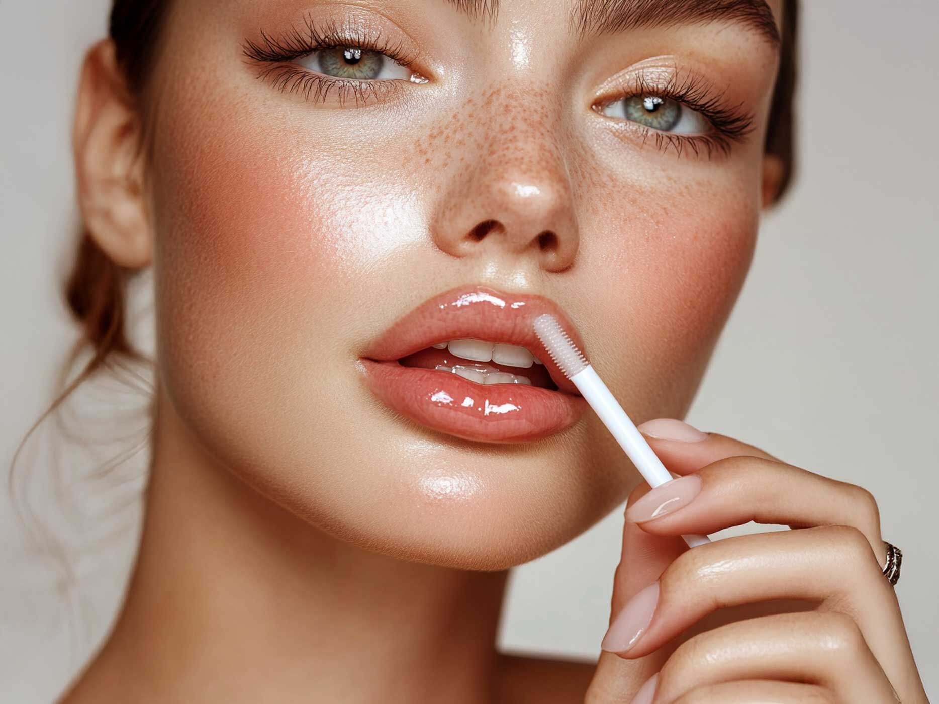 Eine Frau trägt ein sehr glänzendes Lippenprodukt auf ihre Lippen auf.