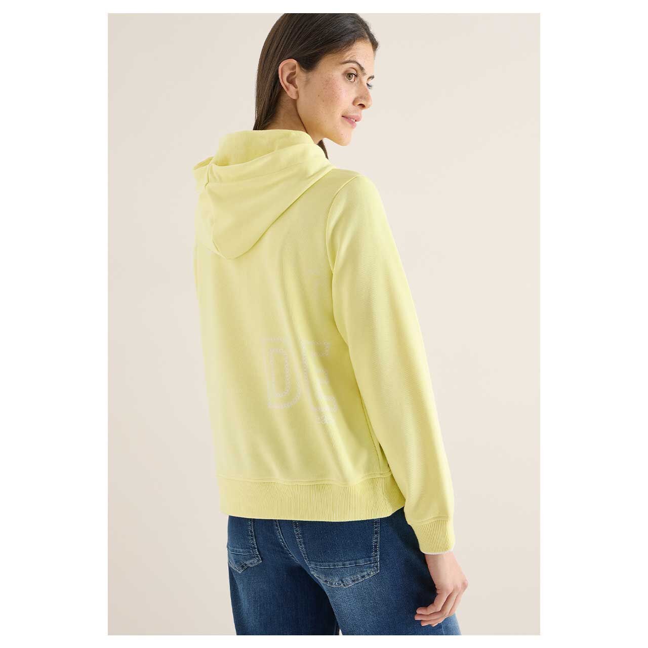 Damen Hoodie Sweatshirt Front and Back von Cecil in Gelb mit Print, Rückansicht am Model