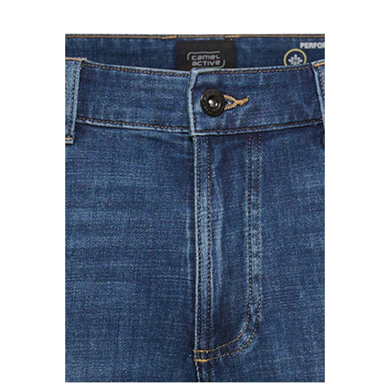 Herrenjeans Stretch Houston fleXXX von Camel active in Dunkelblau angewaschen, detaillierte Ansicht Bund vorne