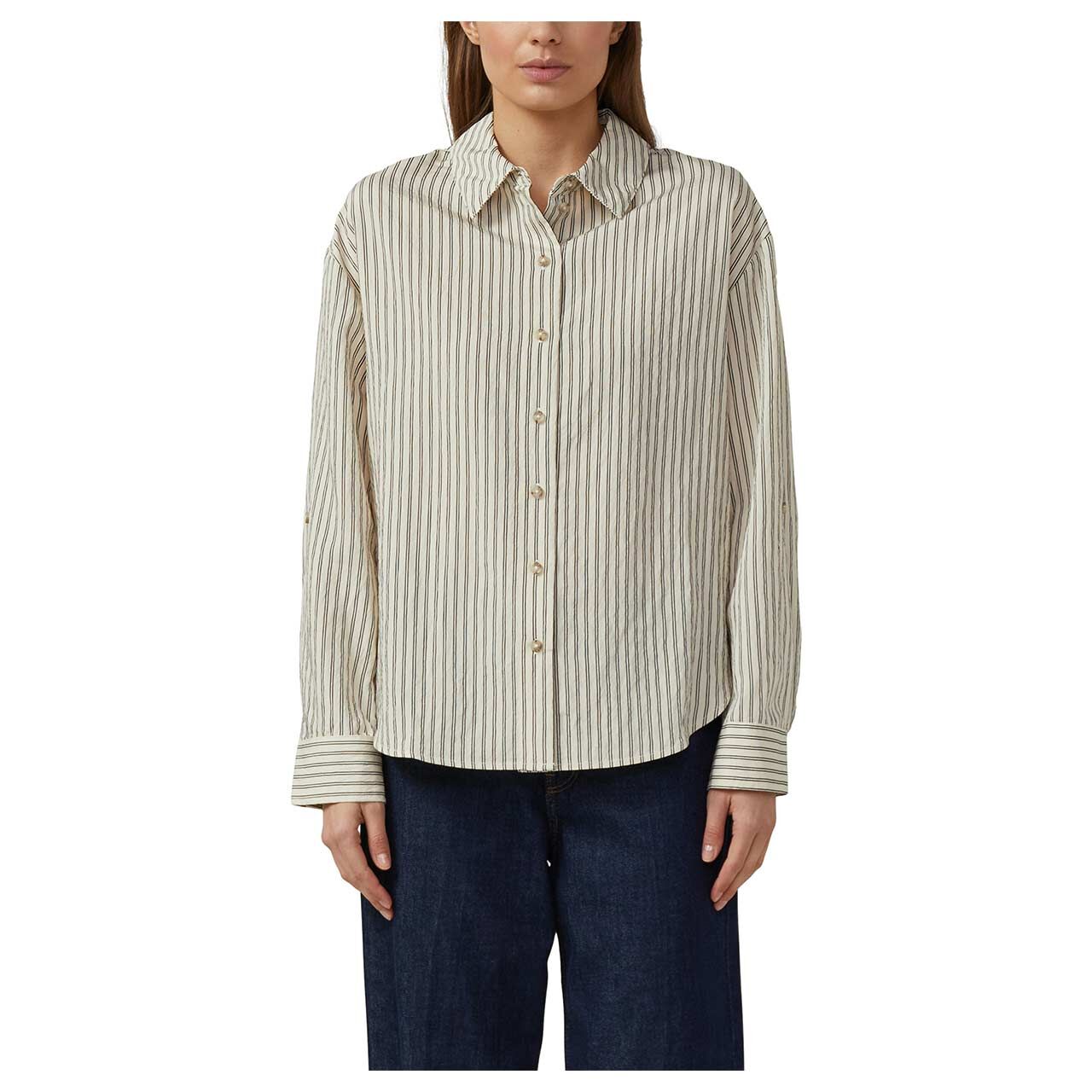 Damen Langarm Bluse von s.Oliver in Hellbeige gestreift, Vorderansicht am Model