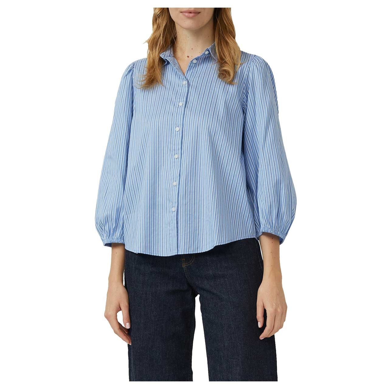 Damen 3/4 Arm Bluse von s.Oliver in Hellblau gestreift, detaillierte Vorderansicht am Model