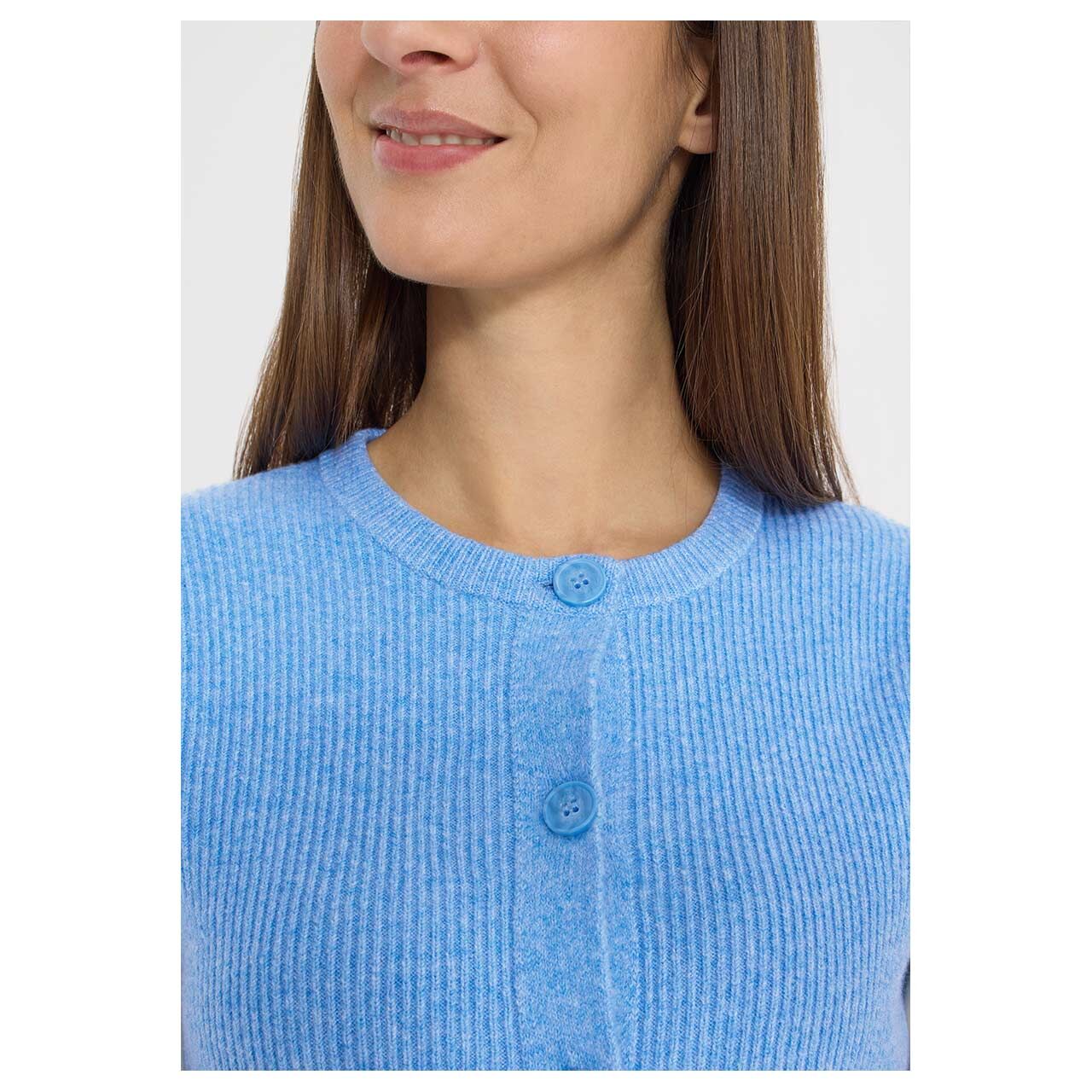 Damen Strickweste Rib Mix von Cecil in Blau meliert, detaillierte Vorderansicht am Model