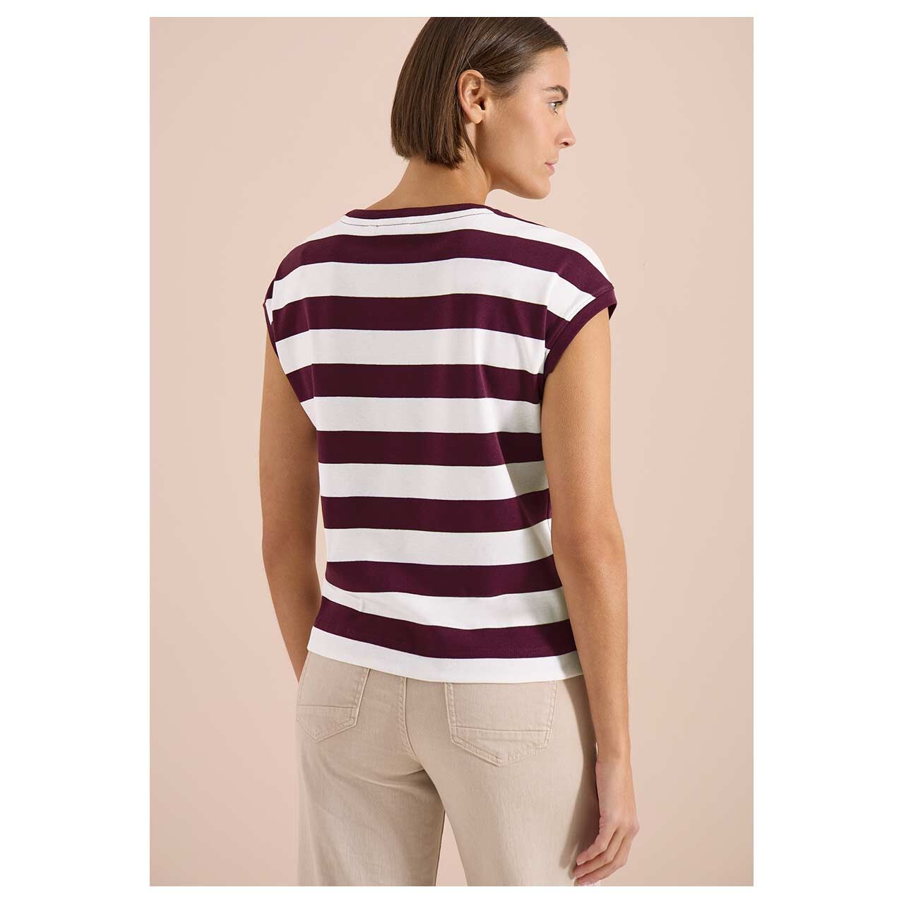 Damen T-Shirt Striped Be Kind von Cecil in Weinrot gestreift, Rückansicht am Model