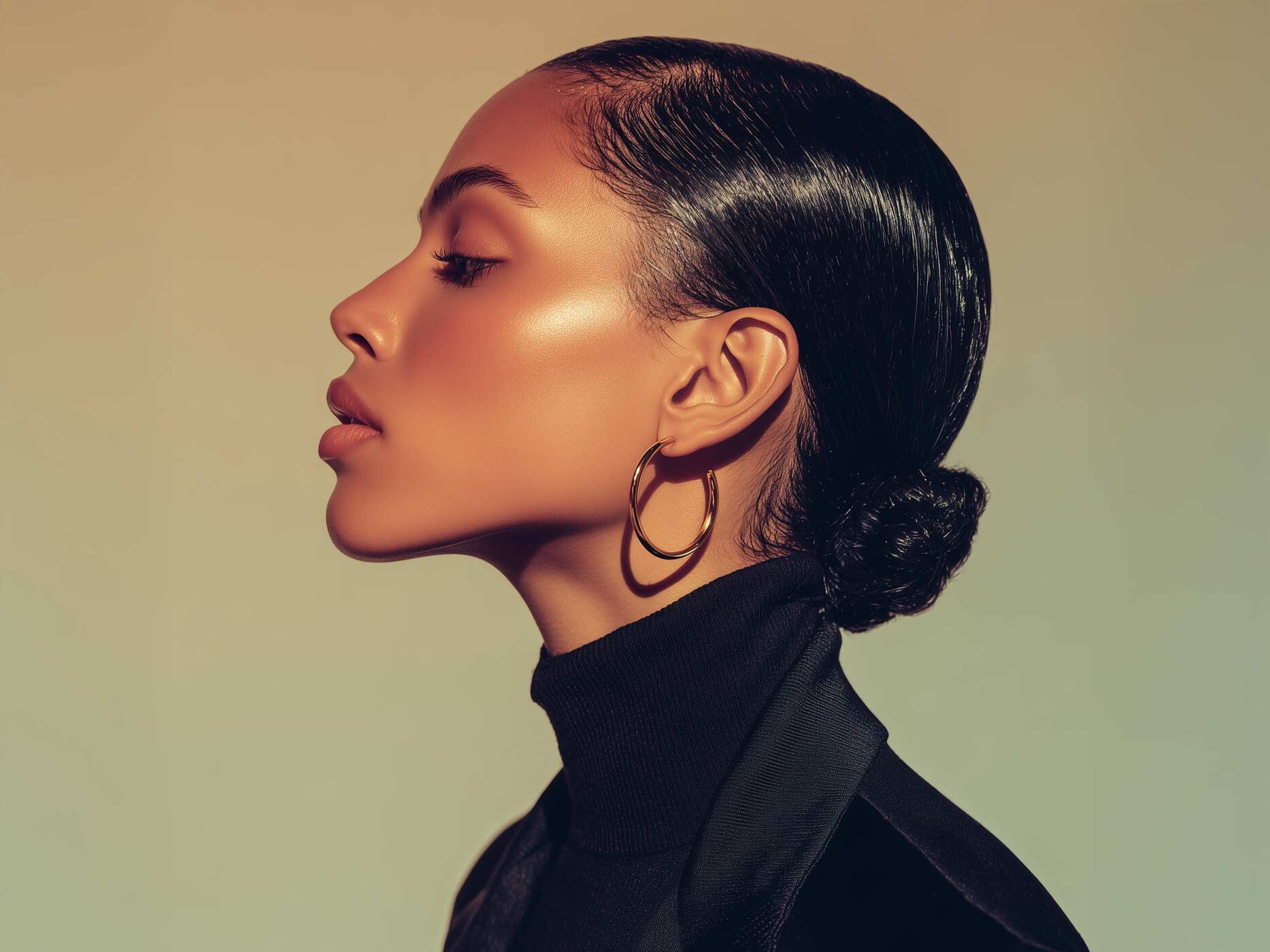 Aufnahme von einem Seitenprofile einer Frau, sie trägt ihre Haare in einem zurückgegelten Dutt.