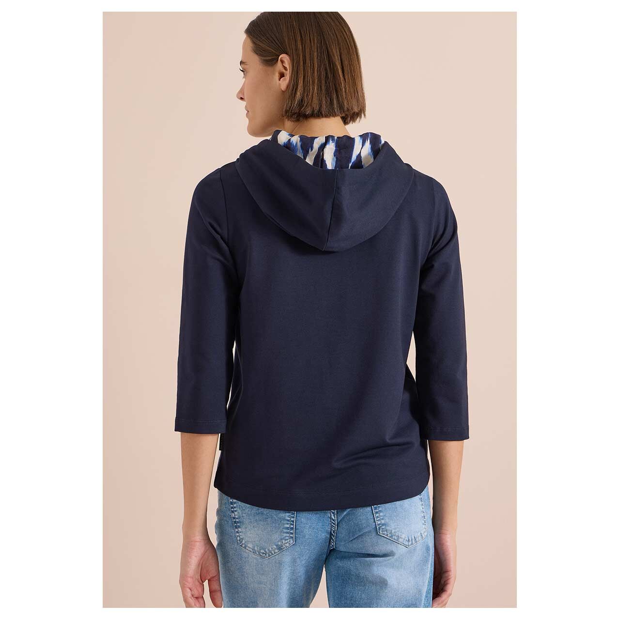 Damen 3/4 Arm Hoodie Sweatshirt Mix von Cecil in Dunkelblau mit Print, Rückansicht am Model