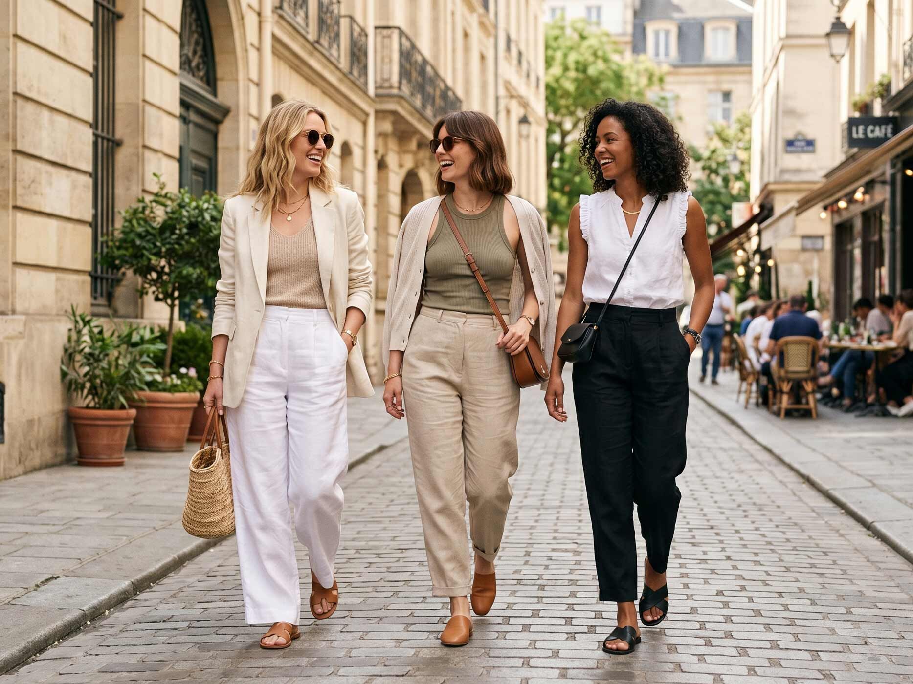 Drei Frauen gehen durch eine Altstadtgasse und tragen unterschiedlich kombinierte Leinenhosen. Eine wei&szlig;e, eine beige und eine schwarze Leinenhose werden mit Blazer, Top und Bluse zu stilvollen Alltagsoutfits kombiniert.