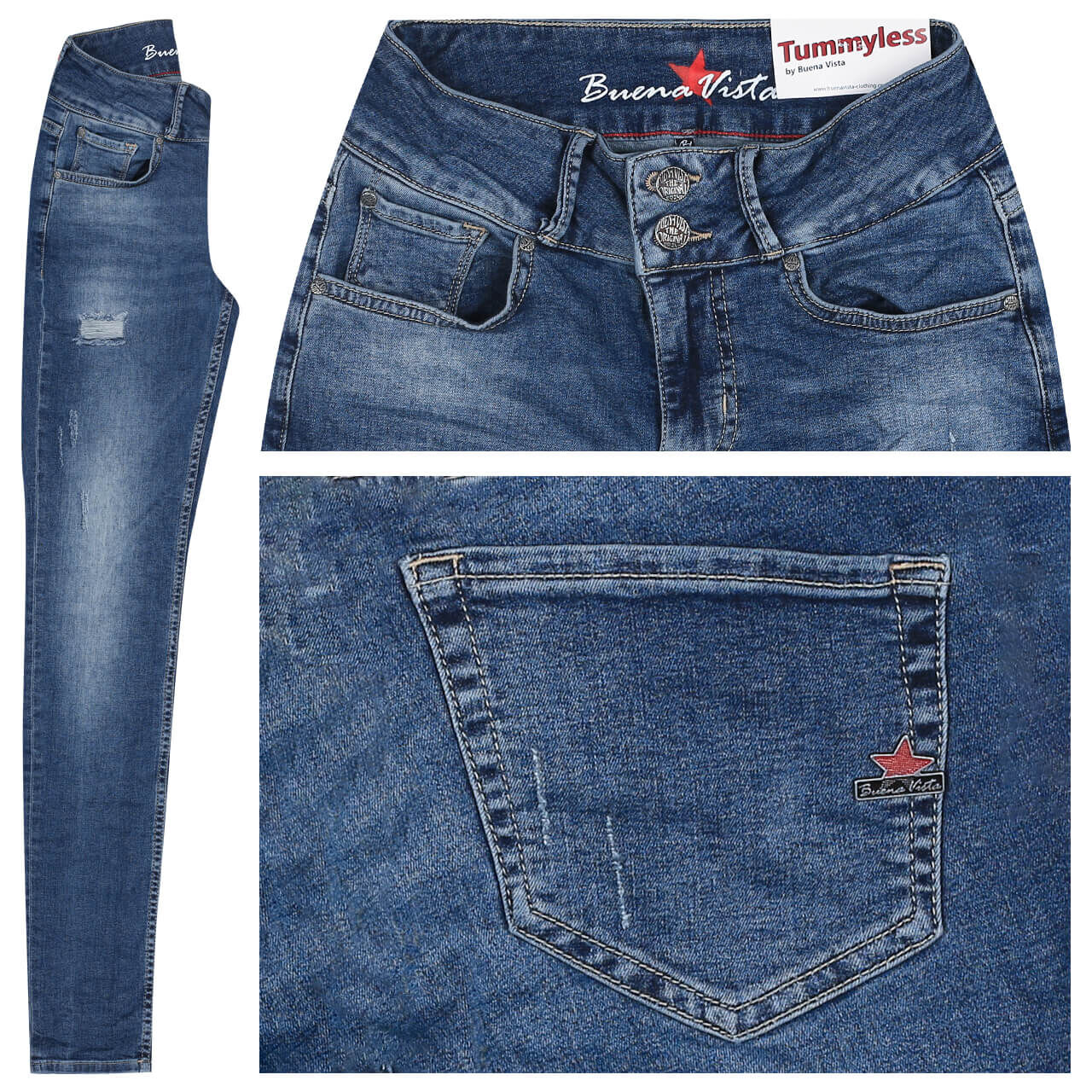 Buena Vista Jeans Tummyless Stretch Denim für Damen in Blau verwaschen mit Destroyed-Effekten, FarbNr.: 2502