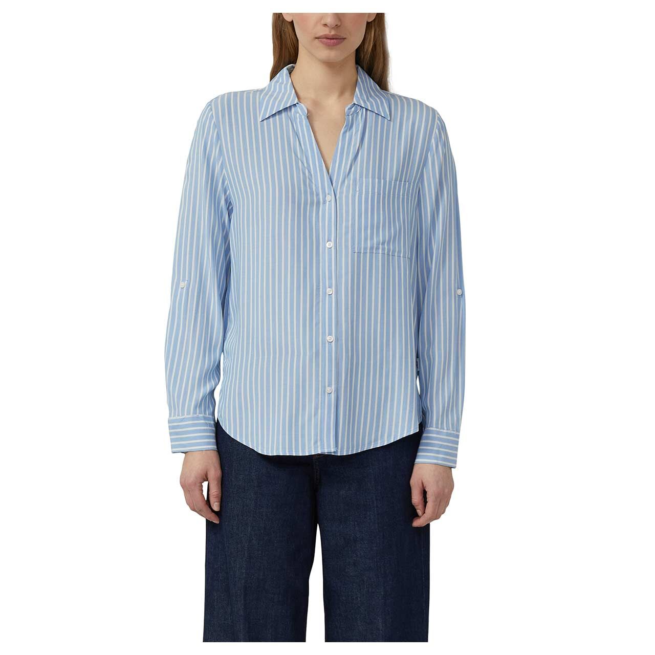 Damen 3/4 Arm Bluse von s.Oliver in Hellblau gestreift, detaillierte Vorderansicht am Model