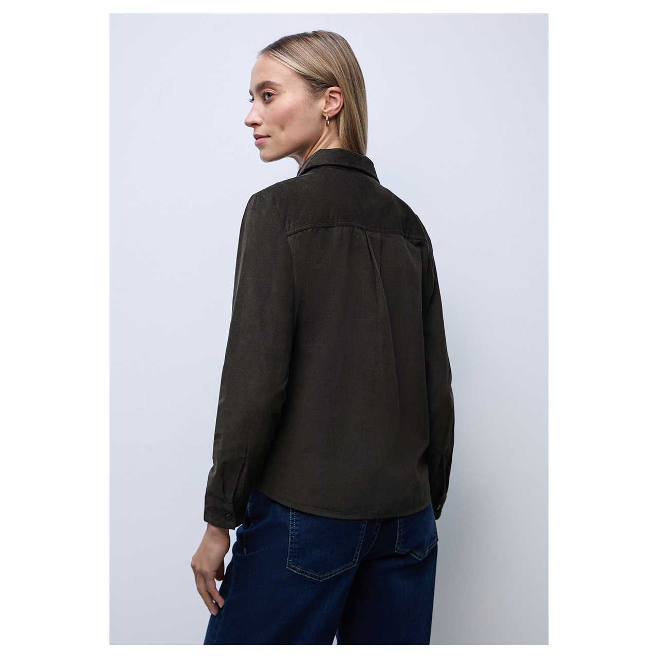 Damen Langarm Cord Bluse Corduroy Blouse von Street One in Dunkelbraun mit Print, Rückansicht am Model