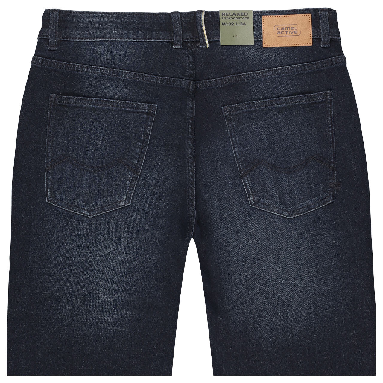 Stretch Herrenjeans Woodstock von Camel active in Dunkelblau angewaschen, detaillierte Rückansicht