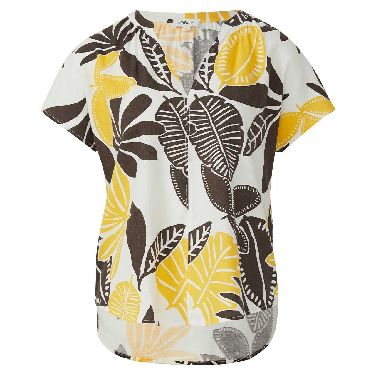 s.Oliver Damen Kurzarm Leinen Bluse yellow print
