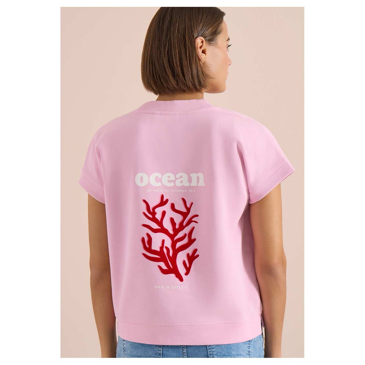 Damen Kurzarm Sweatshirt V-Neck von Cecil in Rosa mit Print, Rückansicht am Model