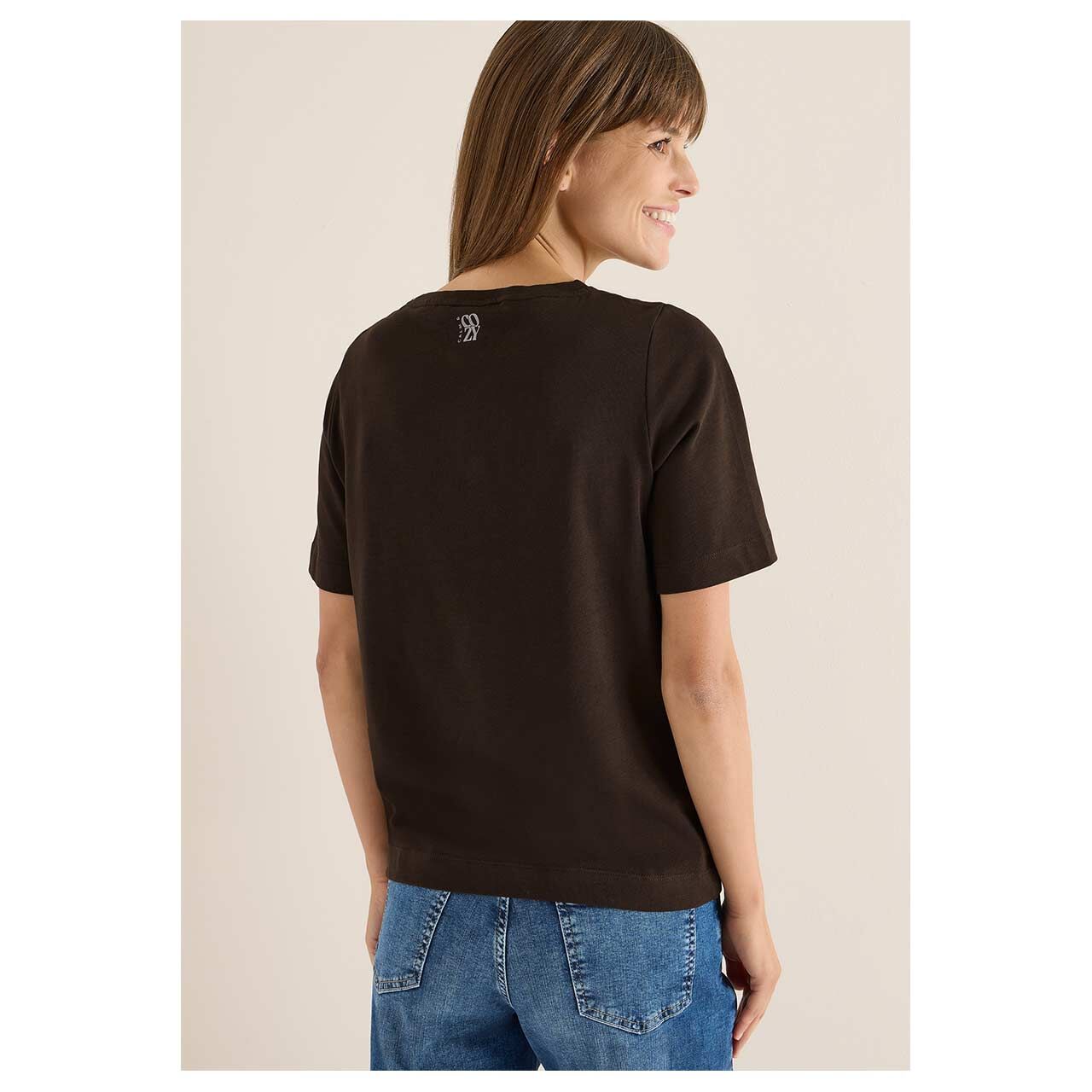 Damen T-Shirt Calm and Cozy von Cecil in Dunkelbraun mit Print, Rückansicht am Model