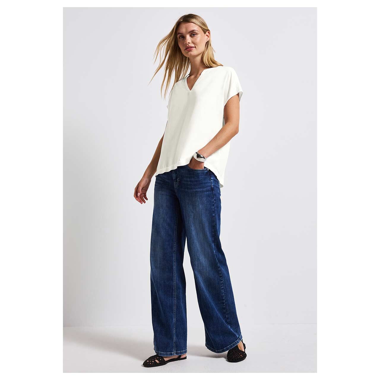 Street One Damen Kurzarm Bluse Splitneck solid white