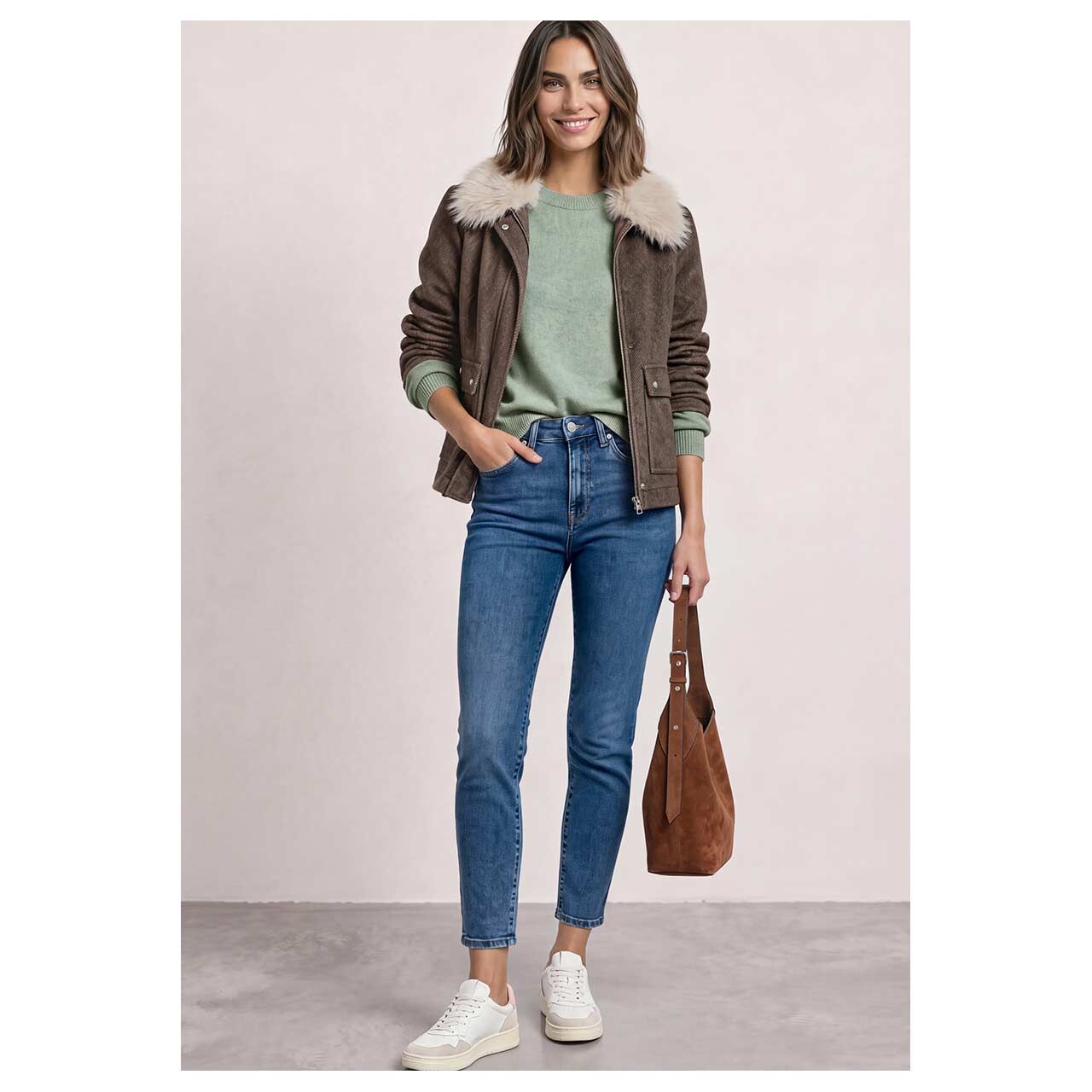 Damen Pullover Cosy Puffy Sleeve Sweater von Street One in Grün meliert, Ganzkörperansicht am Model