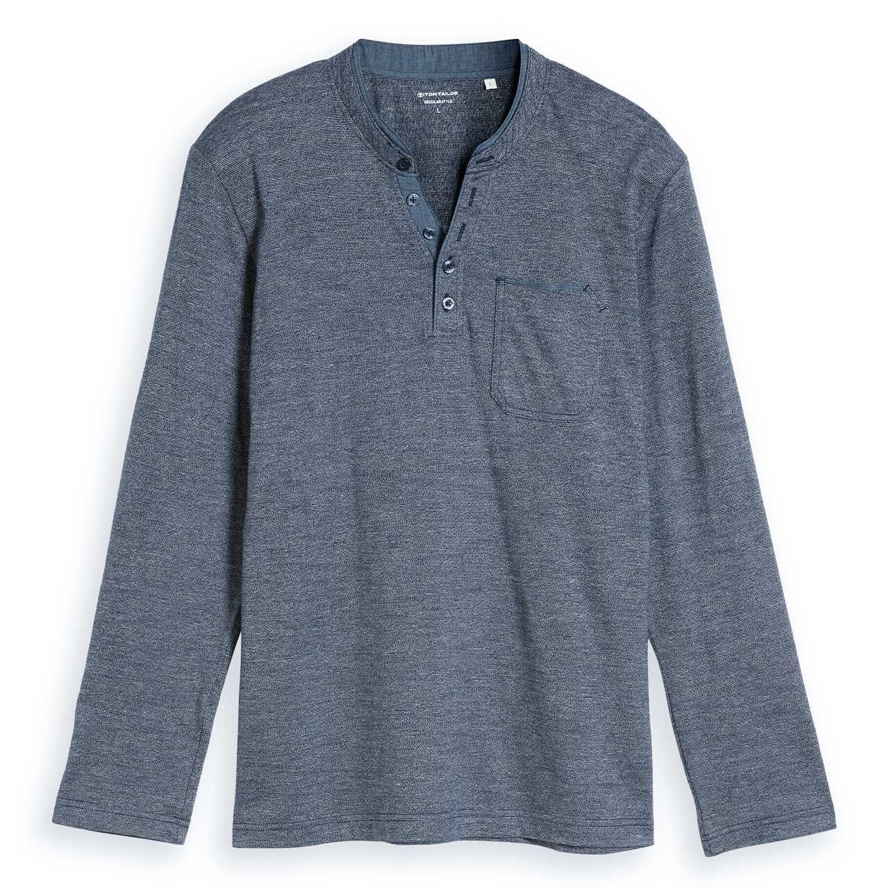 Tom Tailor Herren Serafino Langarm Shirt navy gardenia white injected