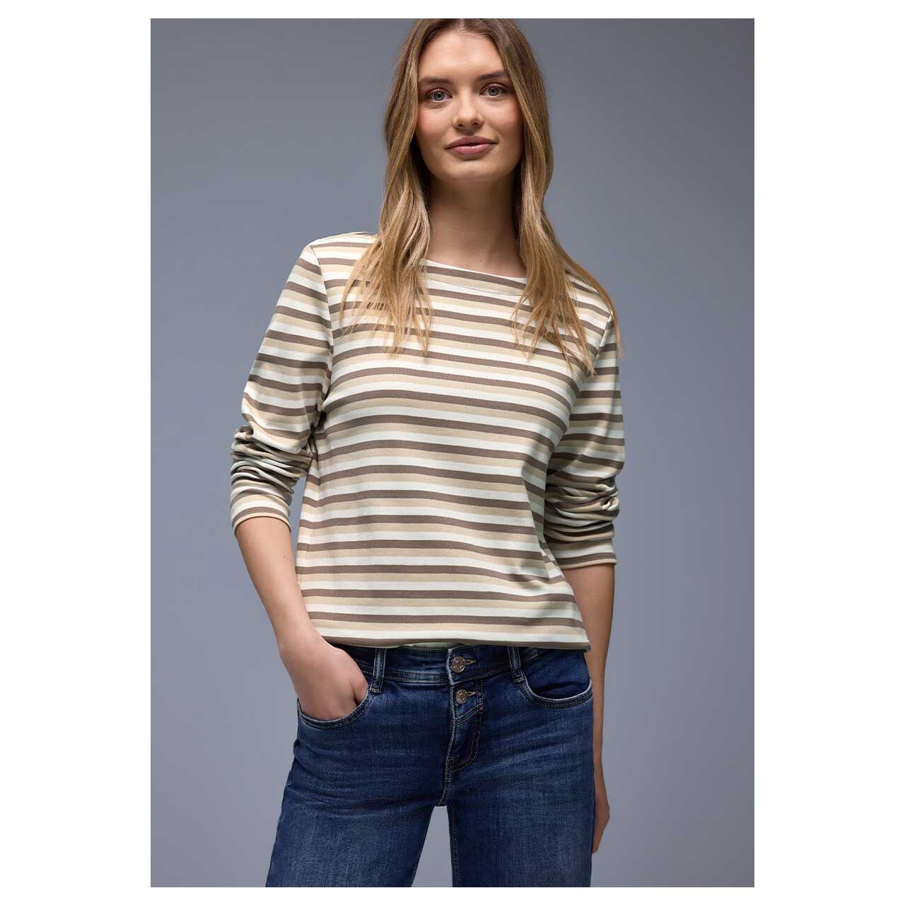 Damen Langarm Shirt Multicolor U-Boat von Street One in Braun gestreift, Vorderansicht am Model