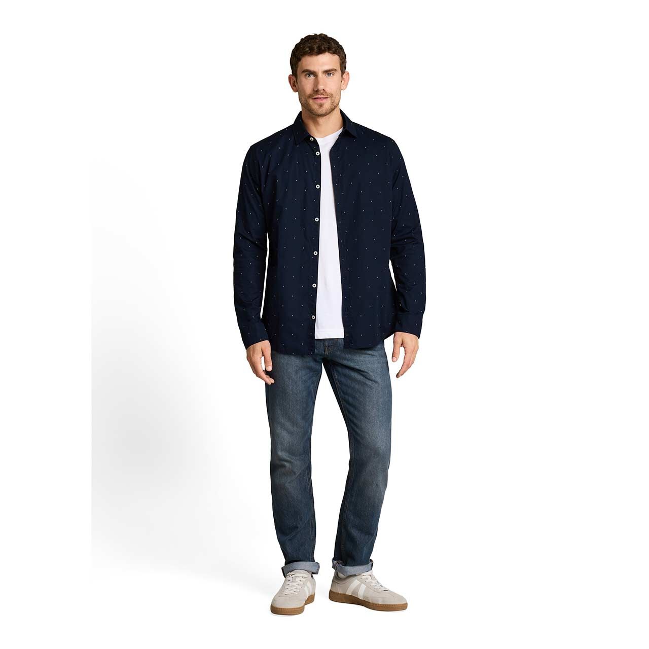 Herren Langarm Hemd von Tom Tailor in Dunkelblau mit Print, Ganzkörperansicht Model