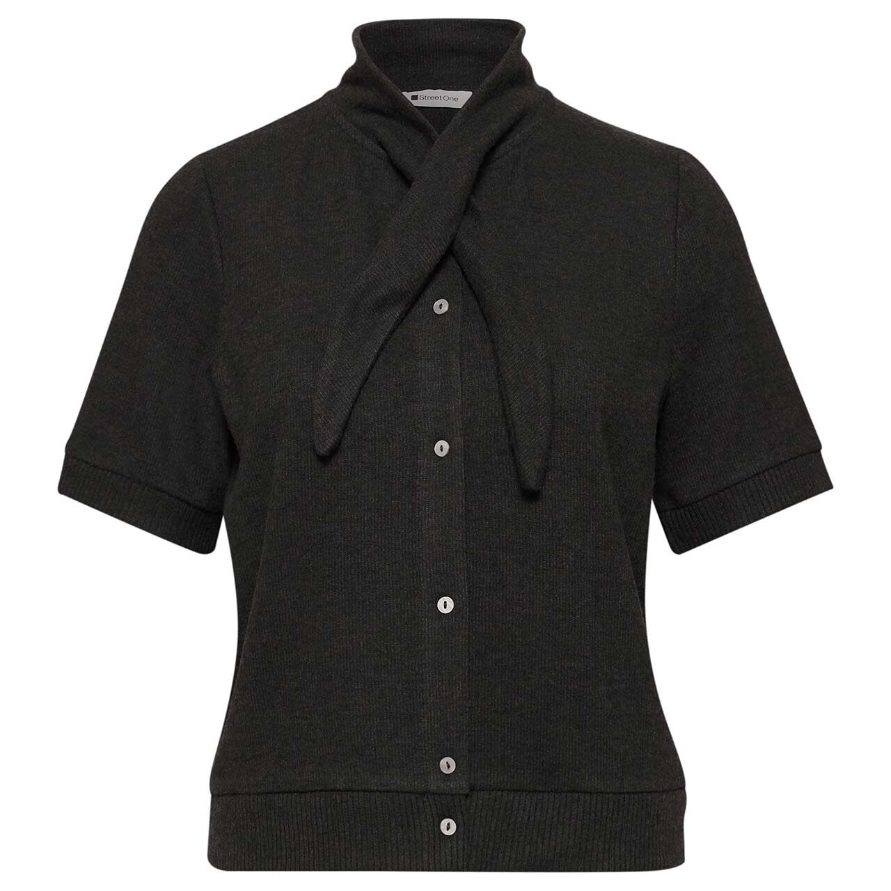 Street One Damen Kurzarm Strickjacke Short Shawl Collar black coffee melange