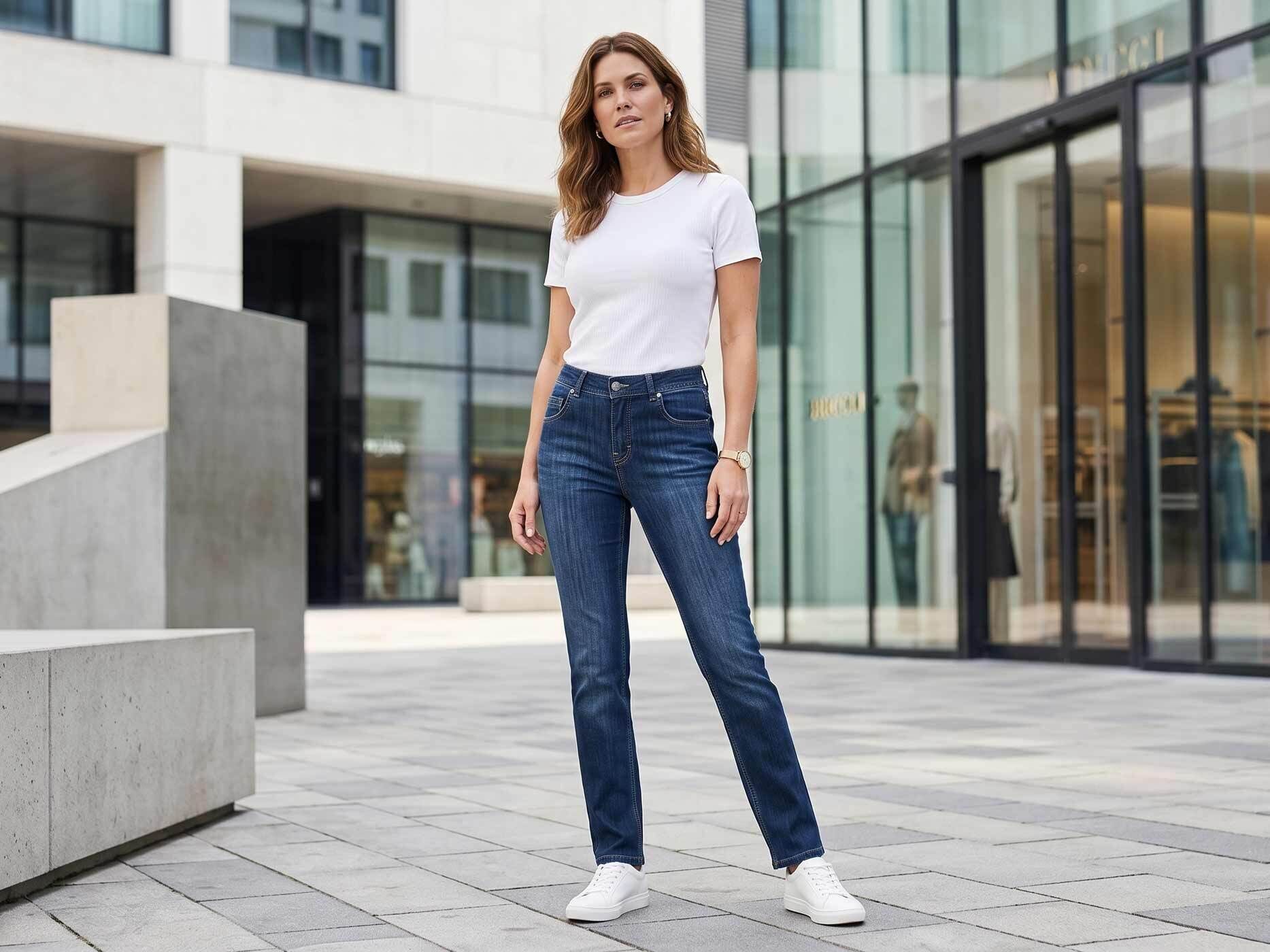 Eine Frau steht vor einem modernen Geb&auml;ude. Sie hat dunkelblonde lange Haare und tr&auml;gt eine blaue Jeans kombiniert mit einem wei&szlig;en T-Shirt.
