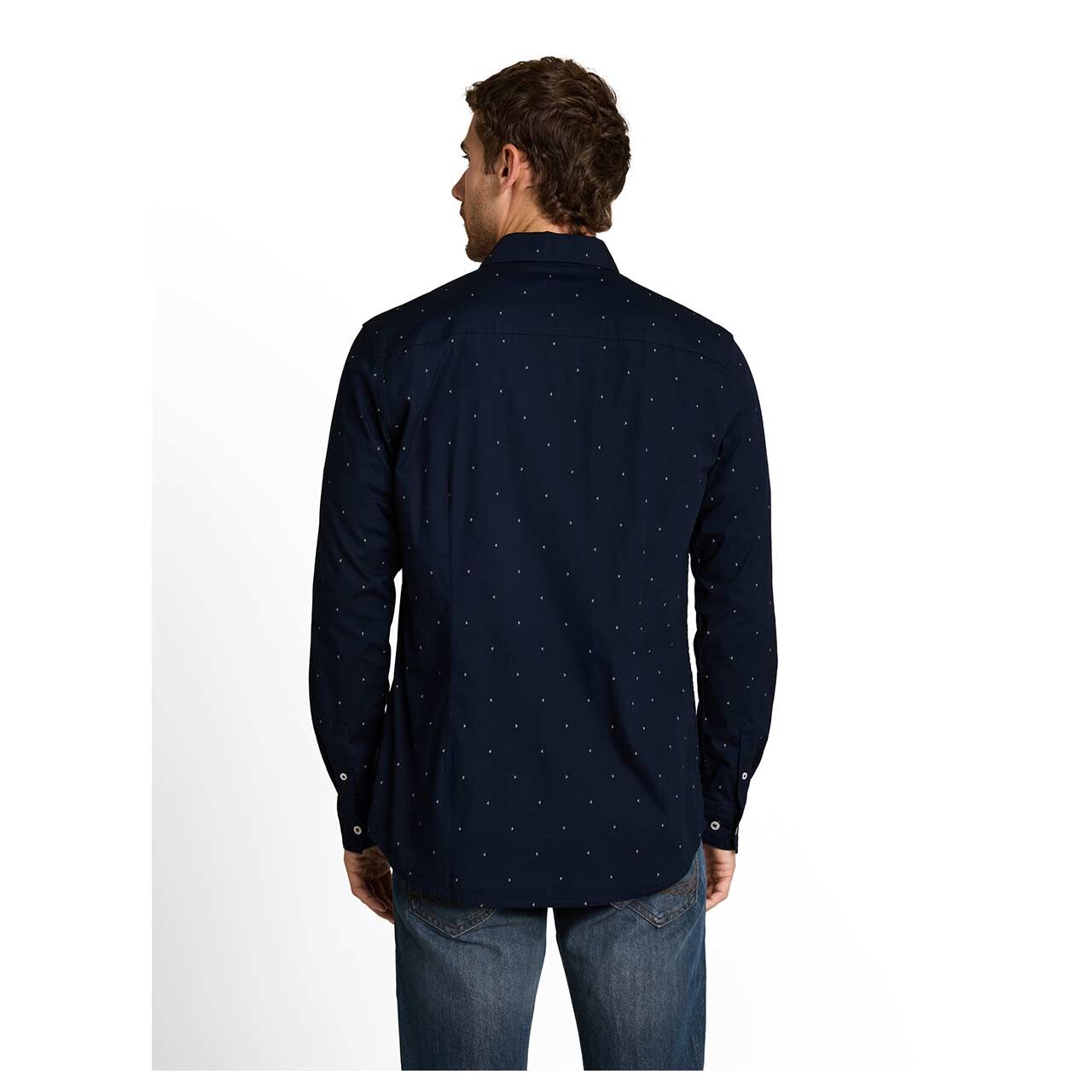 Herren Langarm Hemd von Tom Tailor in Dunkelblau mit Print, Rückansicht Model