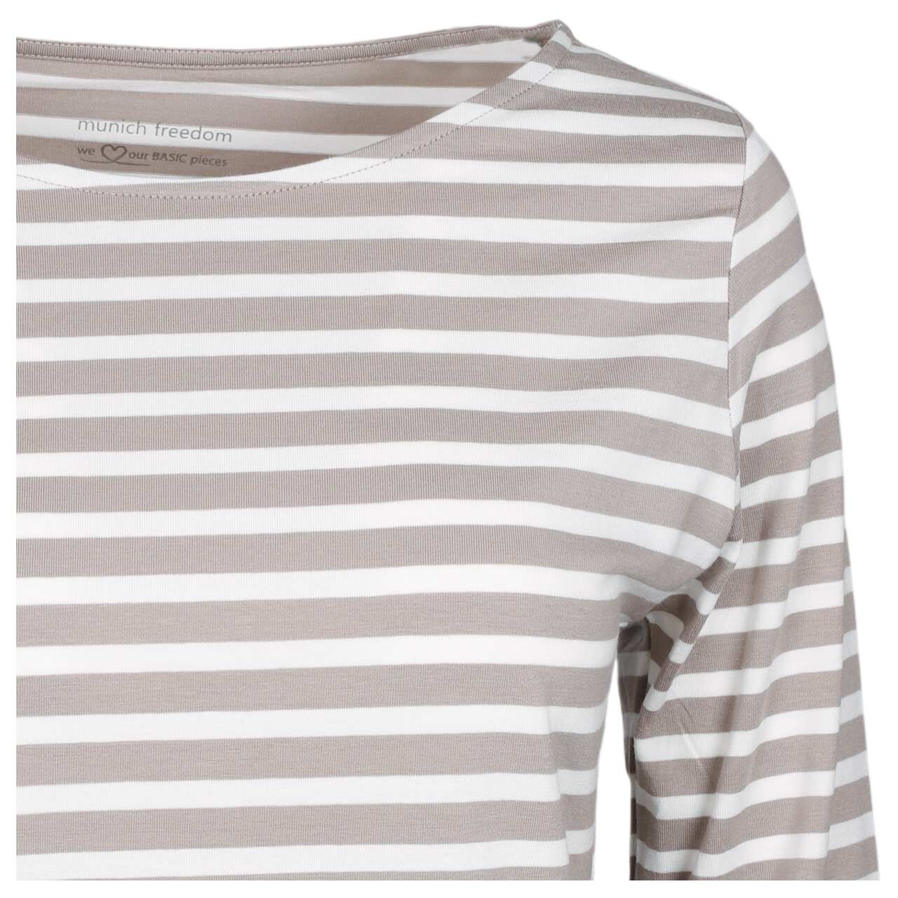 Damen 3/4 Arm Shirt von Munich Freedom in Grau-Braun/Cremeweiß gestreift, detaillierte Vorderansicht