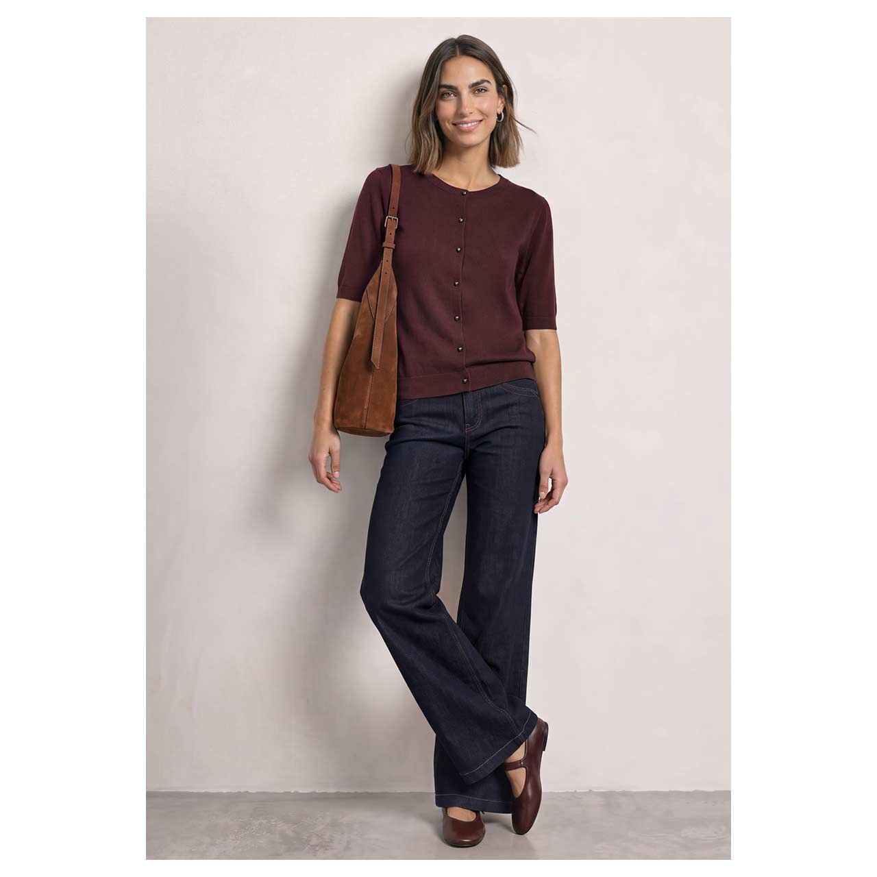 Damen Kurzarm Strickjacke Short Sleeve Cardigan von Street One in Lila, Ganzkörperansicht am Model