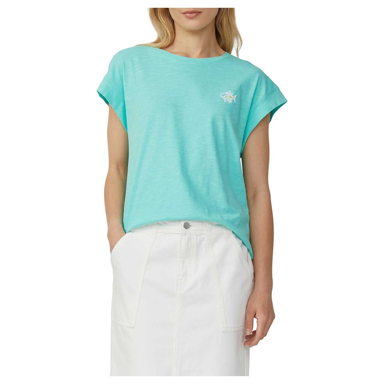 Vorderansicht des Models mit dem Damen T-Shirt von s.Oliver in Türkis mit Print
