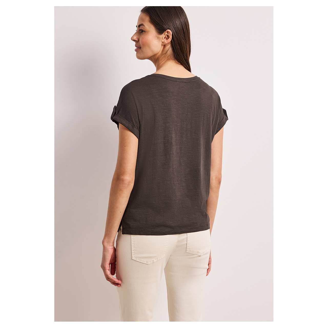 Damen T-Shirt Basic Deco Buttons von Street One in Dunkelbraun meliert, Rückansicht am Model
